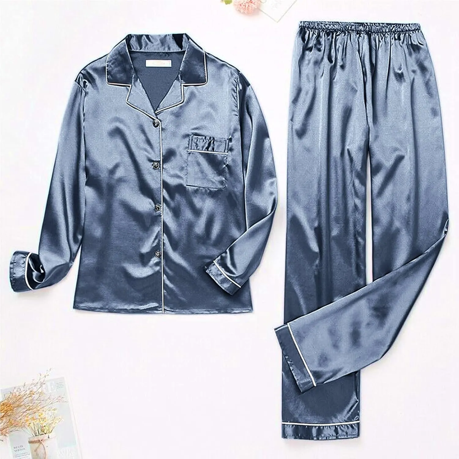 Silk Pajamas for Women Set 2025 Plus Size Long Sleeve Button Down Tops Lounge Pants 2 Piece Pjs Sleepwear Loungewear
