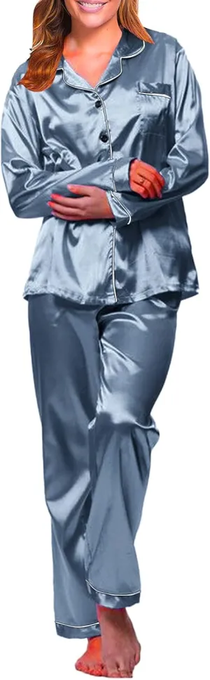 Silk Pajamas for Women Set 2025 Plus Size Long Sleeve Button Down Tops Lounge Pants 2 Piece Pjs Sleepwear Loungewear