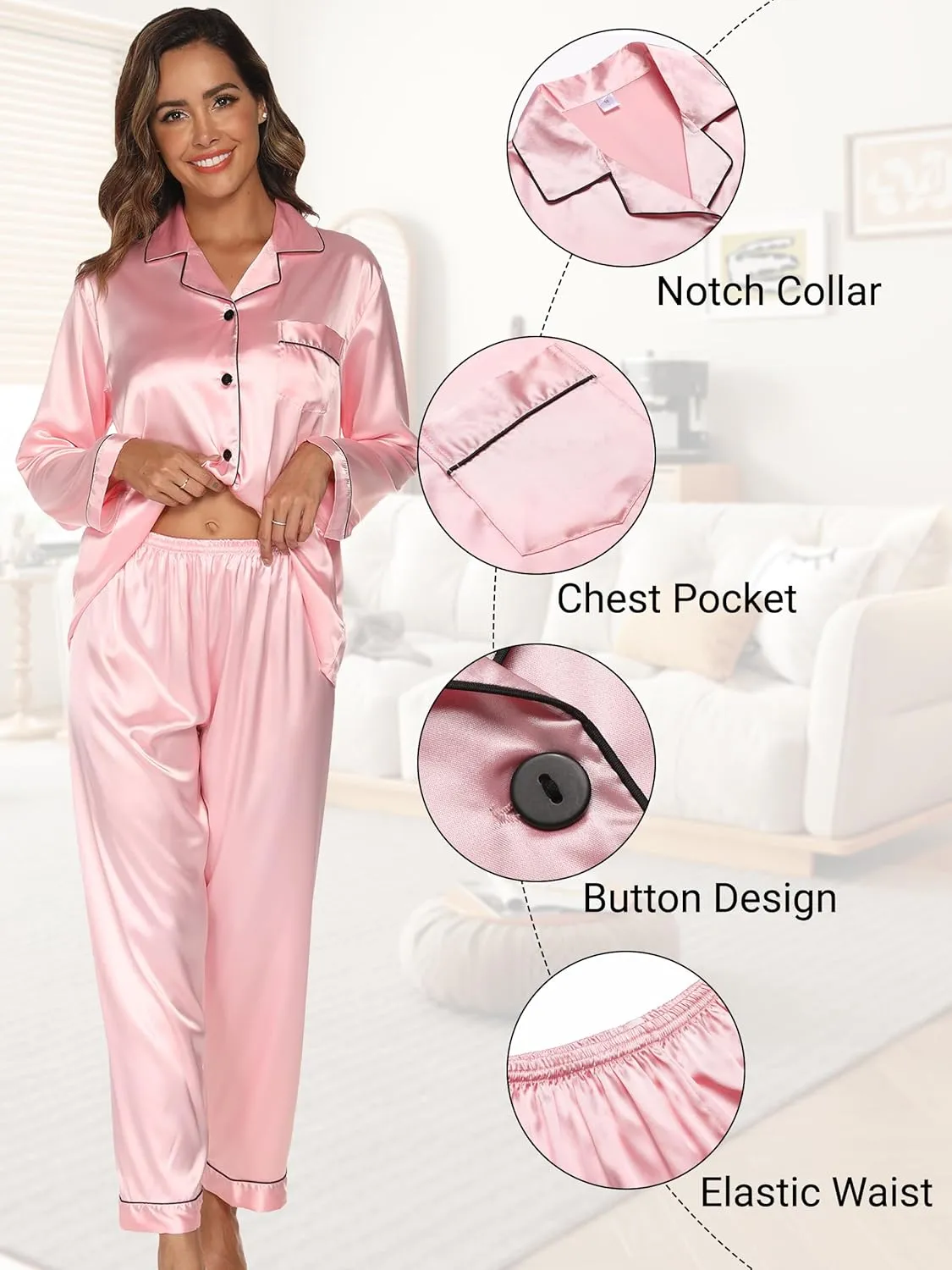 Silk Satin Pajamas for Women Set Long Sleeve Button Down Sleepwear Soft Lounge Pj with Pocket, 2 Pack