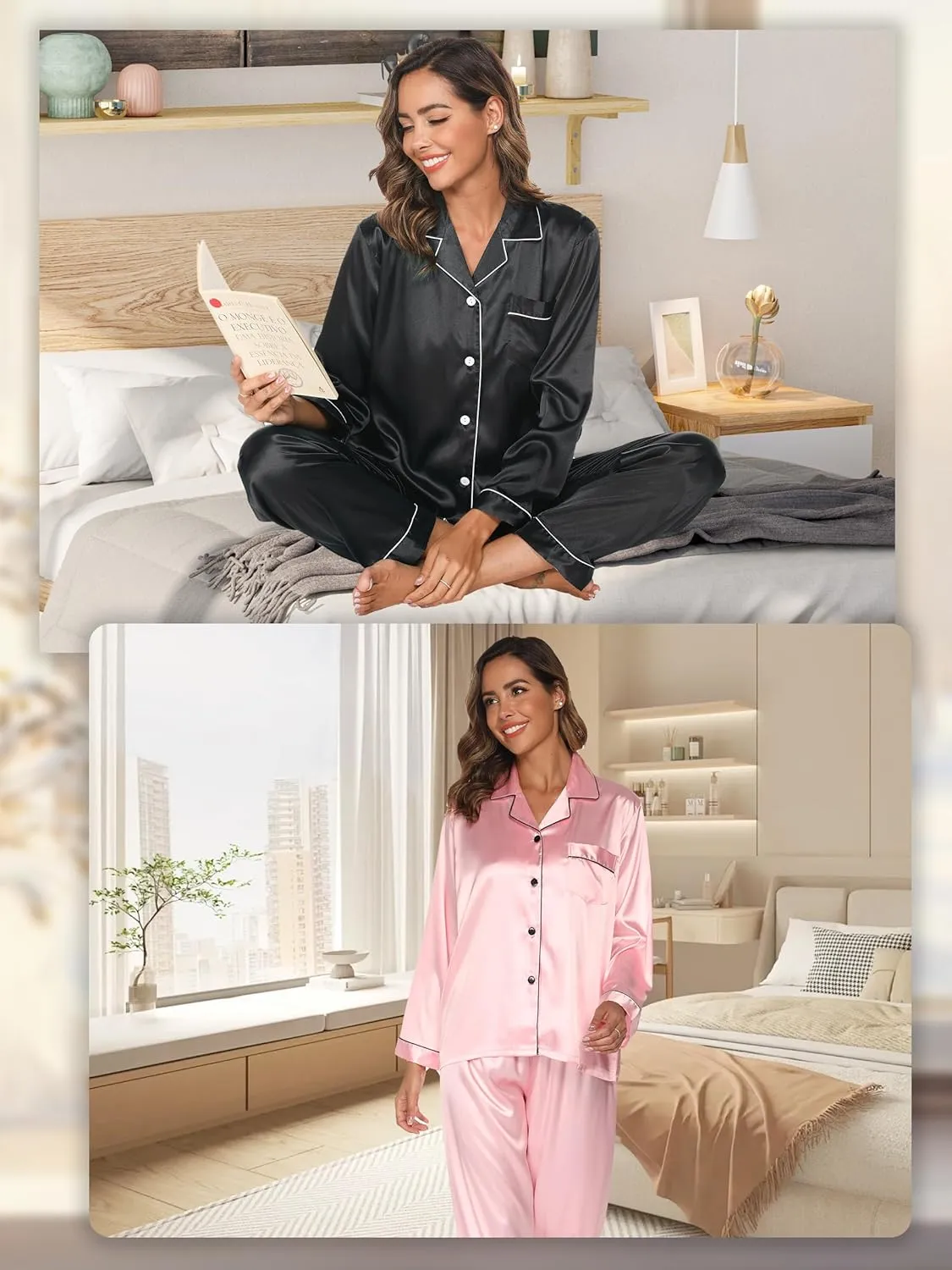 Silk Satin Pajamas for Women Set Long Sleeve Button Down Sleepwear Soft Lounge Pj with Pocket, 2 Pack