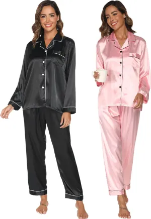 Silk Satin Pajamas for Women Set Long Sleeve Button Down Sleepwear Soft Lounge Pj with Pocket, 2 Pack