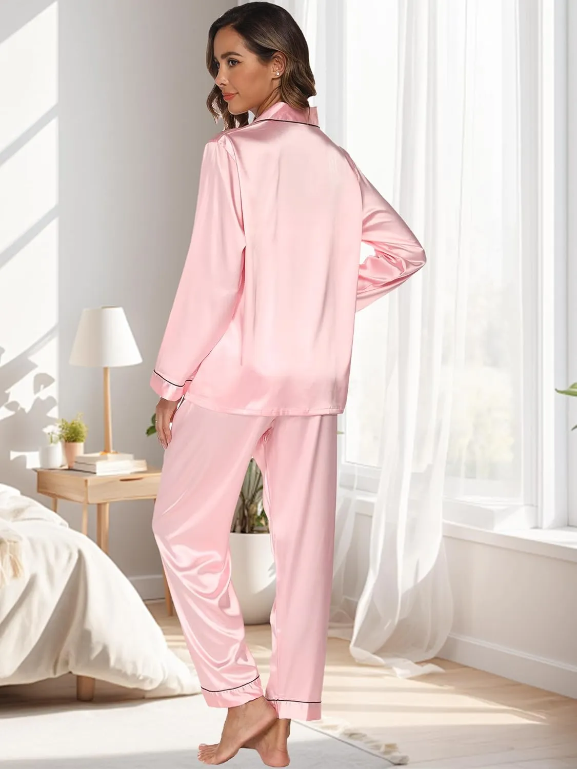 Silk Satin Pajamas for Women Set Long Sleeve Button Down Sleepwear Soft Lounge Pj with Pocket, 2 Pack