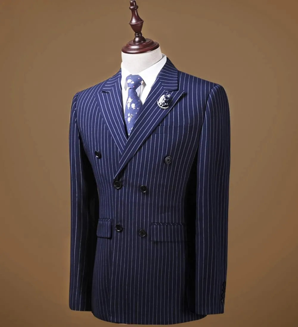 Slim Fit Mens Suit Set 3 Piece Wedding Groomman Pinstripe Notched Lapel TuxedosBlazer Vest Pant