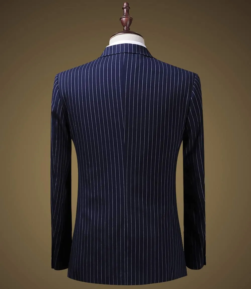 Slim Fit Mens Suit Set 3 Piece Wedding Groomman Pinstripe Notched Lapel TuxedosBlazer Vest Pant