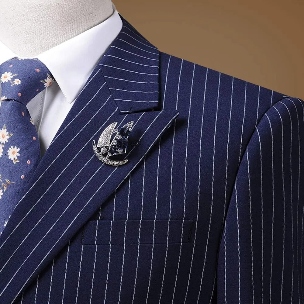 Slim Fit Mens Suit Set 3 Piece Wedding Groomman Pinstripe Notched Lapel TuxedosBlazer Vest Pant