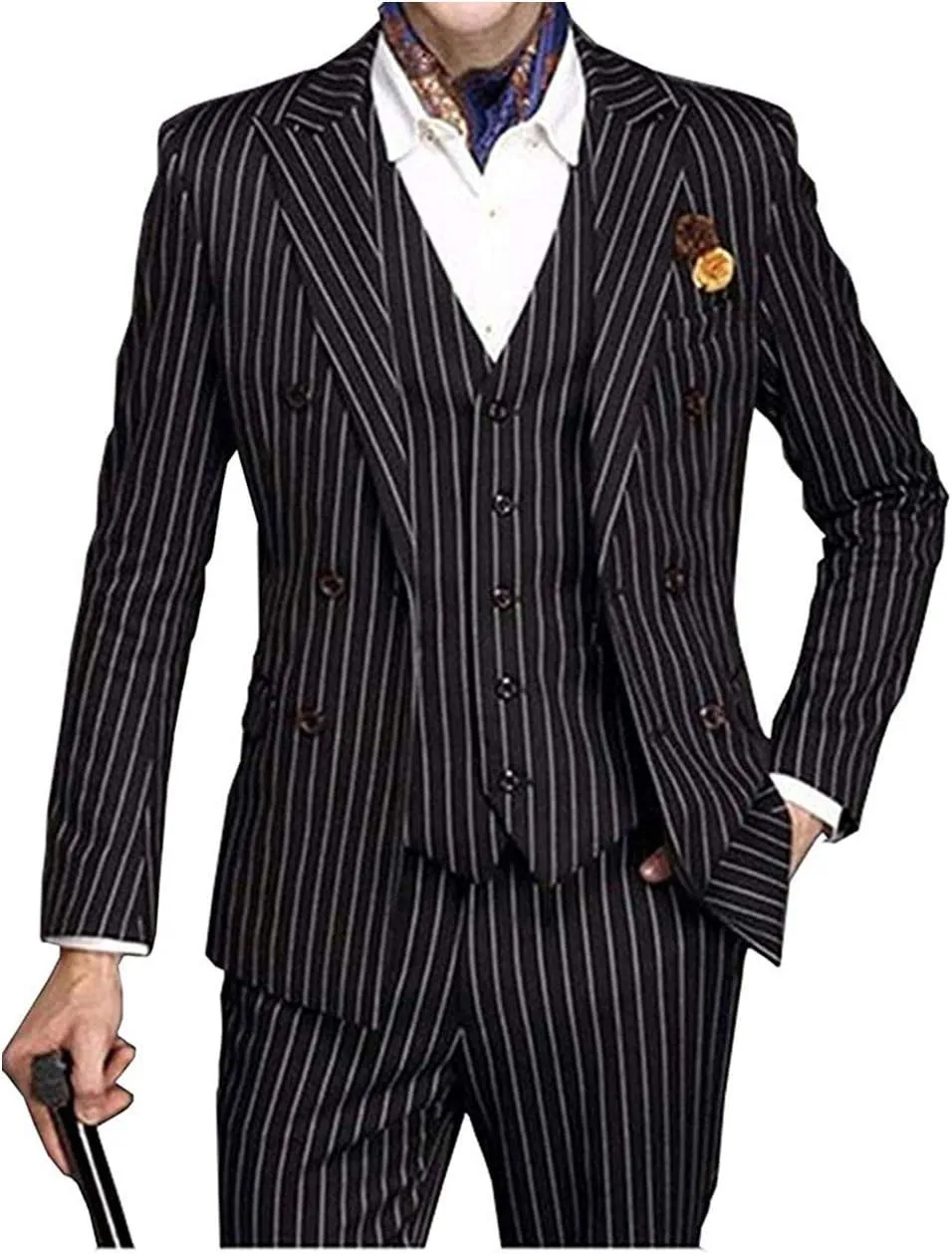 Slim Fit Mens Suit Set 3 Piece Wedding Groomman Pinstripe Notched Lapel TuxedosBlazer Vest Pant