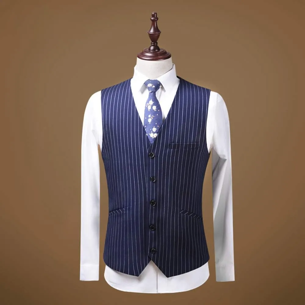 Slim Fit Mens Suit Set 3 Piece Wedding Groomman Pinstripe Notched Lapel TuxedosBlazer Vest Pant