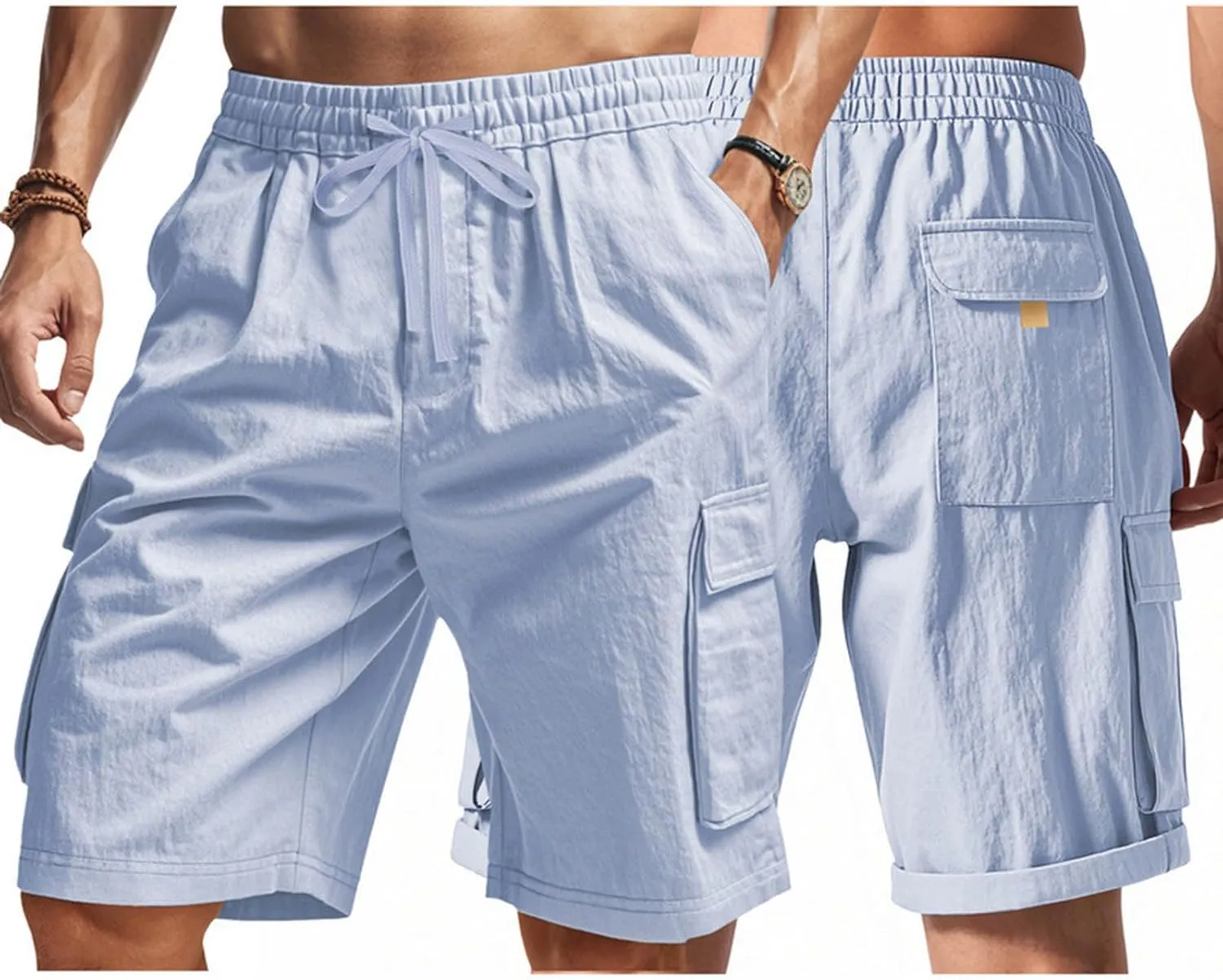 Summer Cargo Shorts for Men Casual Drawstring Elastic Waist Shorts Lightweight Vacation Beach Pant with Multi Pockets