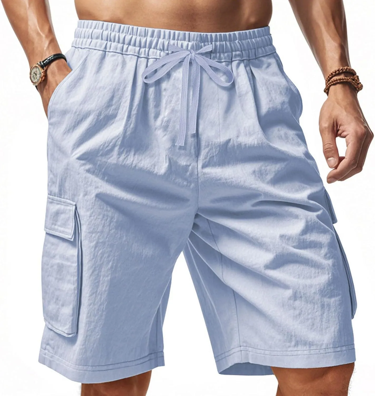 Summer Cargo Shorts for Men Casual Drawstring Elastic Waist Shorts Lightweight Vacation Beach Pant with Multi Pockets