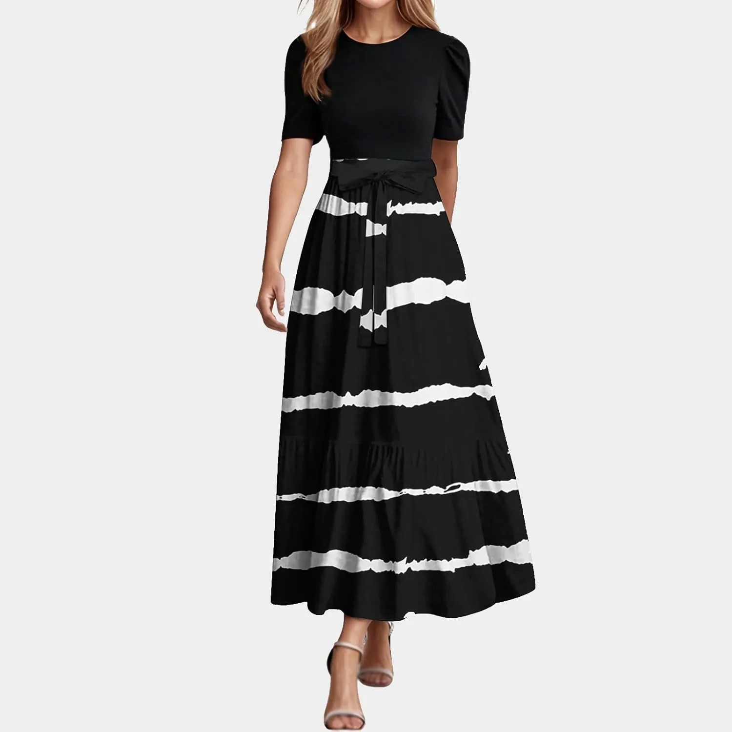 Summer Dresses for Women 2025 Floral Print Wrap Short Sleeve Maxi Dress Patchwork Ruffle Hem A Line Dress Loose