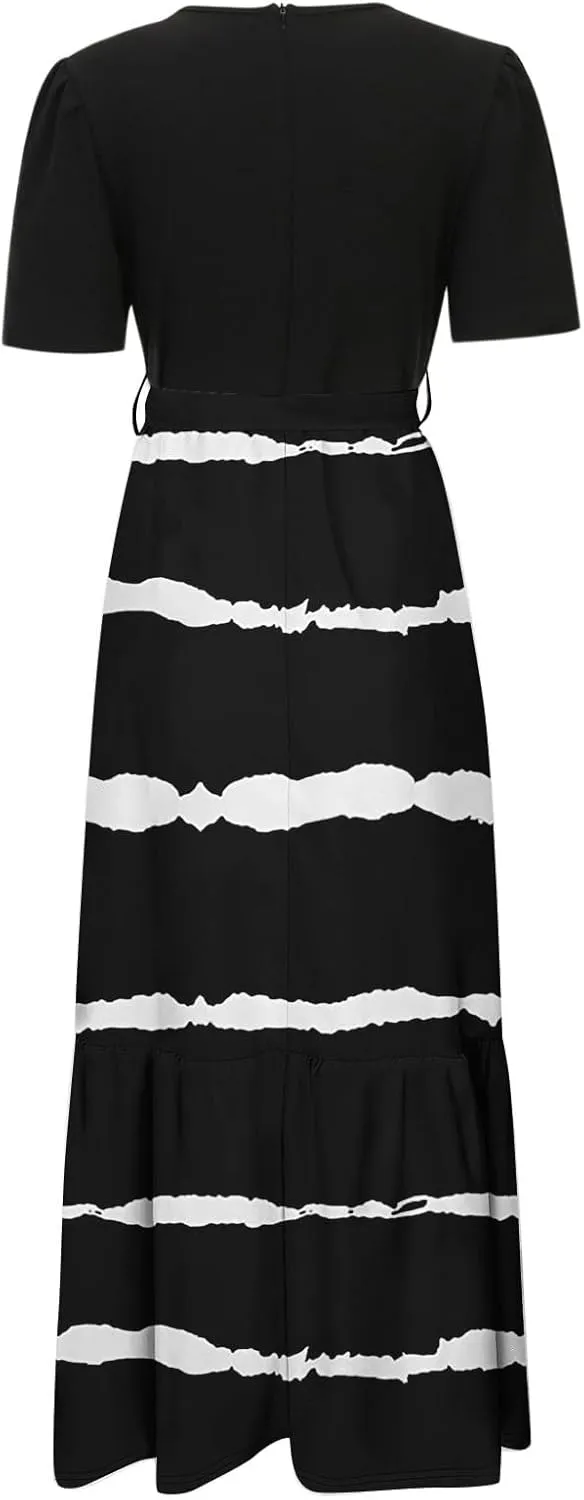 Summer Dresses for Women 2025 Floral Print Wrap Short Sleeve Maxi Dress Patchwork Ruffle Hem A Line Dress Loose