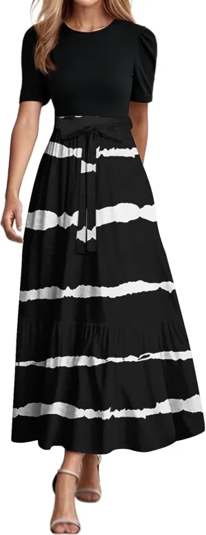 Summer Dresses for Women 2025 Floral Print Wrap Short Sleeve Maxi Dress Patchwork Ruffle Hem A Line Dress Loose
