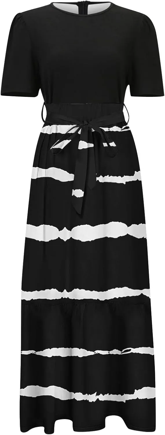 Summer Dresses for Women 2025 Floral Print Wrap Short Sleeve Maxi Dress Patchwork Ruffle Hem A Line Dress Loose