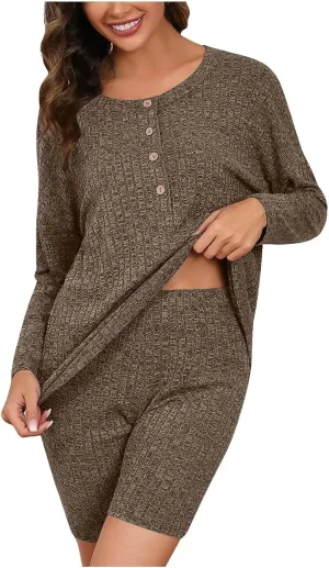 Sweater Pajama Sets for Women Rib Knit Lounge Set 2 Piece Long Sleeve Top and Shorts Pj Set Thermal Underwear