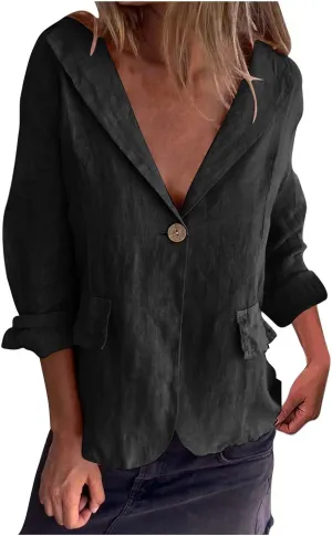 TANGNADE Linen Blazer Women Lightweight Casual Long Sleeve Spring Summer Jackets One Button Lapel Suit Blazer