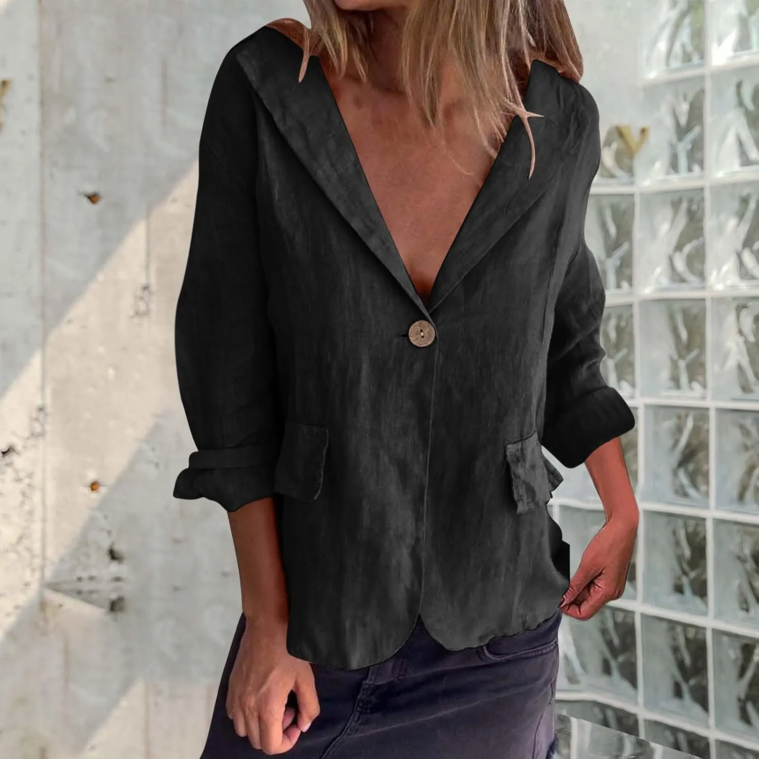 TANGNADE Linen Blazer Women Lightweight Casual Long Sleeve Spring Summer Jackets One Button Lapel Suit Blazer