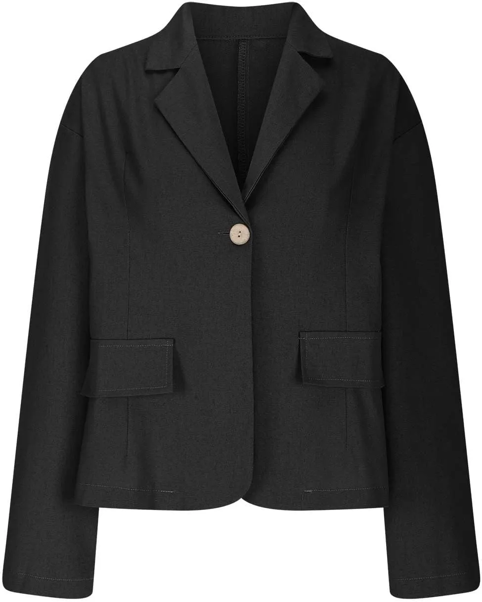 TANGNADE Linen Blazer Women Lightweight Casual Long Sleeve Spring Summer Jackets One Button Lapel Suit Blazer