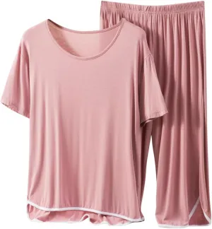 TANGNADE Two Piece Pajama Set for Women Short Sleeve Pj Sets Pullover Tops & Capri Pants 2 Piece Sleepwear Loungewear