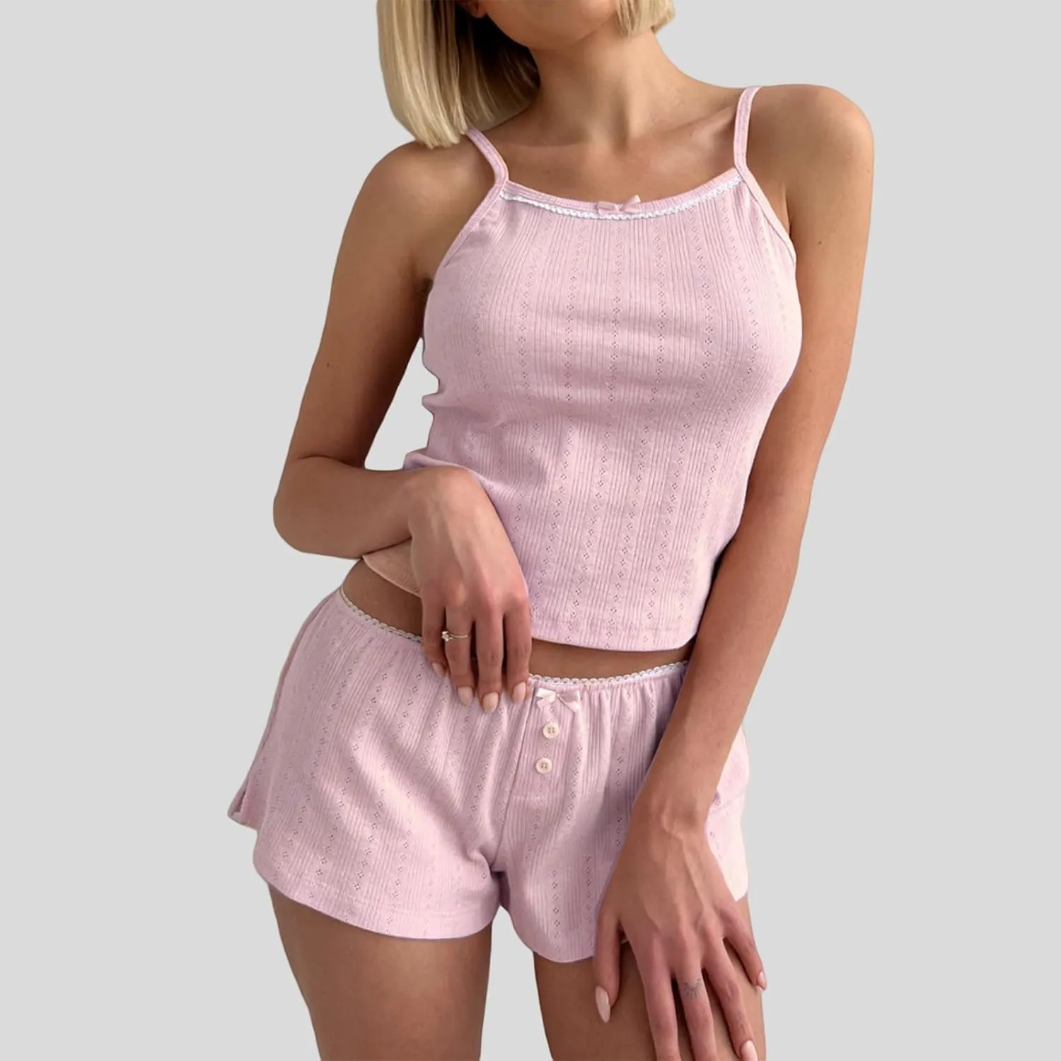 Tsultryofs Two Piece Pajama Set for Women Y2K Pj Outfits Sleeveless Knit Camisole with Elastic High Waist Shorts Loungewear