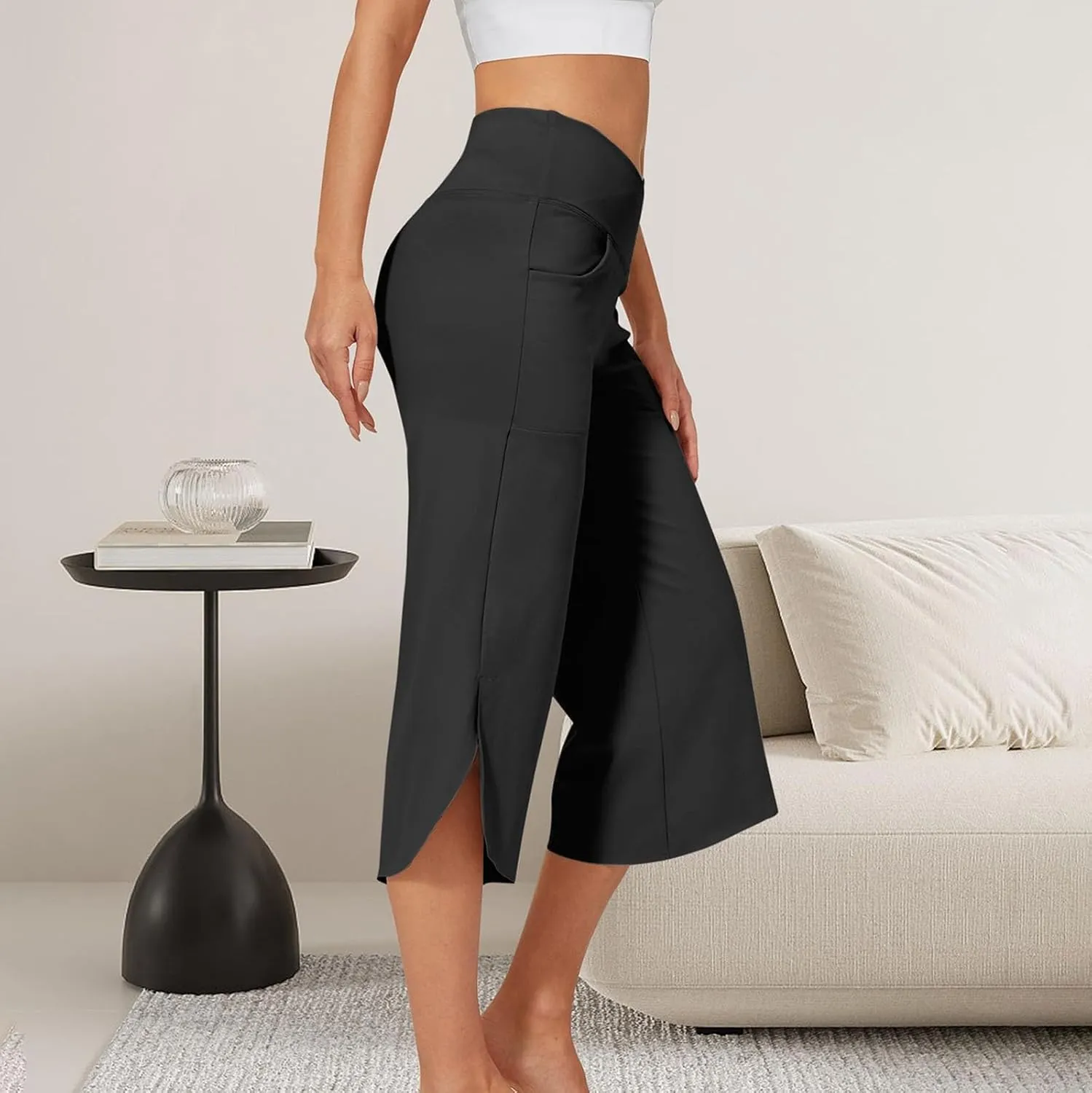 Tummy Control Yoga Capris Women Casual Stretch High Waisted Yoga Leggings Comfy Wide Leg Pants Yoga Capri for Women