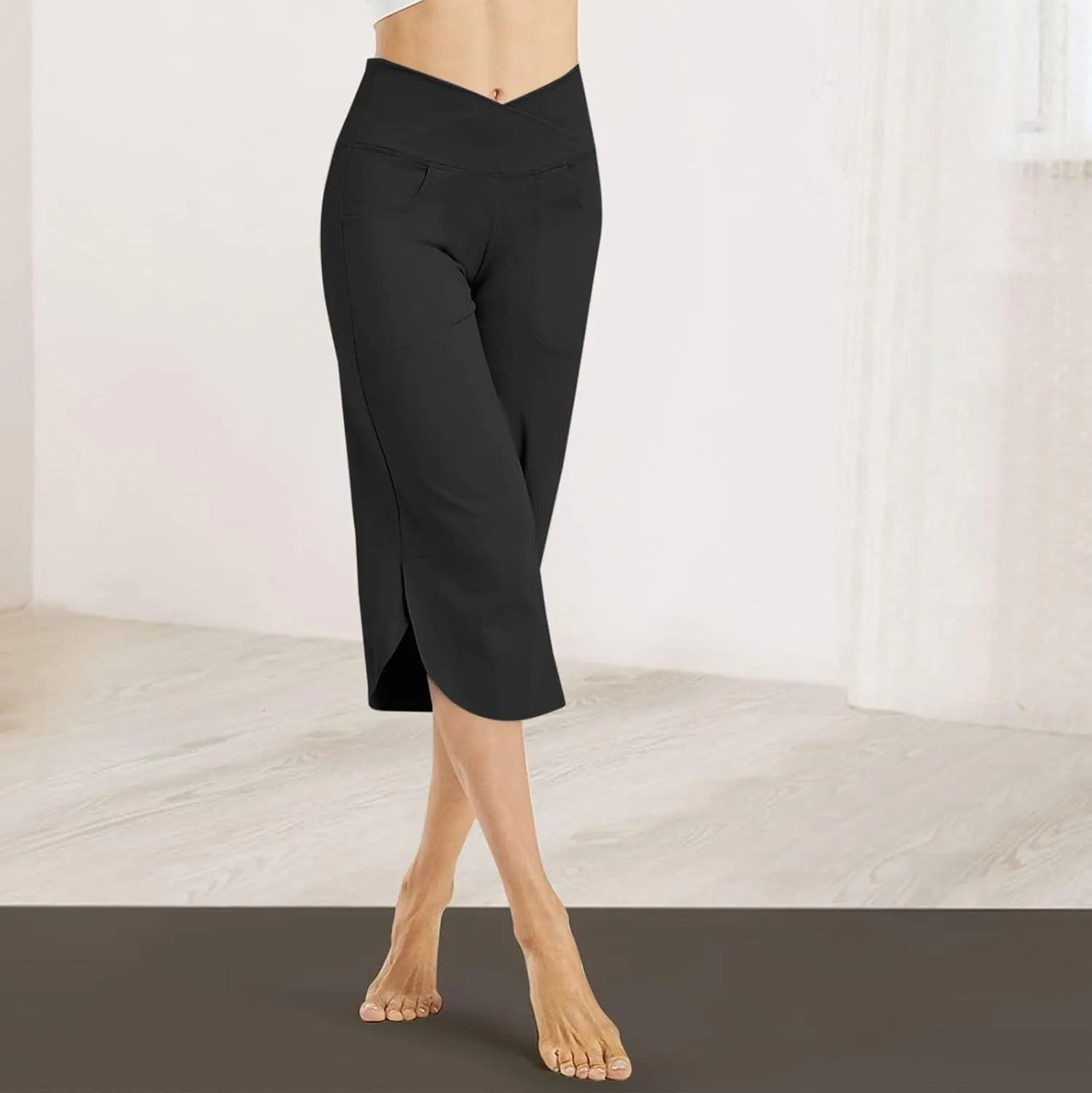 Tummy Control Yoga Capris Women Casual Stretch High Waisted Yoga Leggings Comfy Wide Leg Pants Yoga Capri for Women