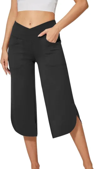 Tummy Control Yoga Capris Women Casual Stretch High Waisted Yoga Leggings Comfy Wide Leg Pants Yoga Capri for Women
