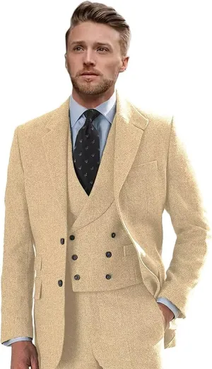 Tweed Suits for Men Slim Fit 3 Piece Suit Double Breasted Herringbone Wool Suits Wedding Prom Bussiness