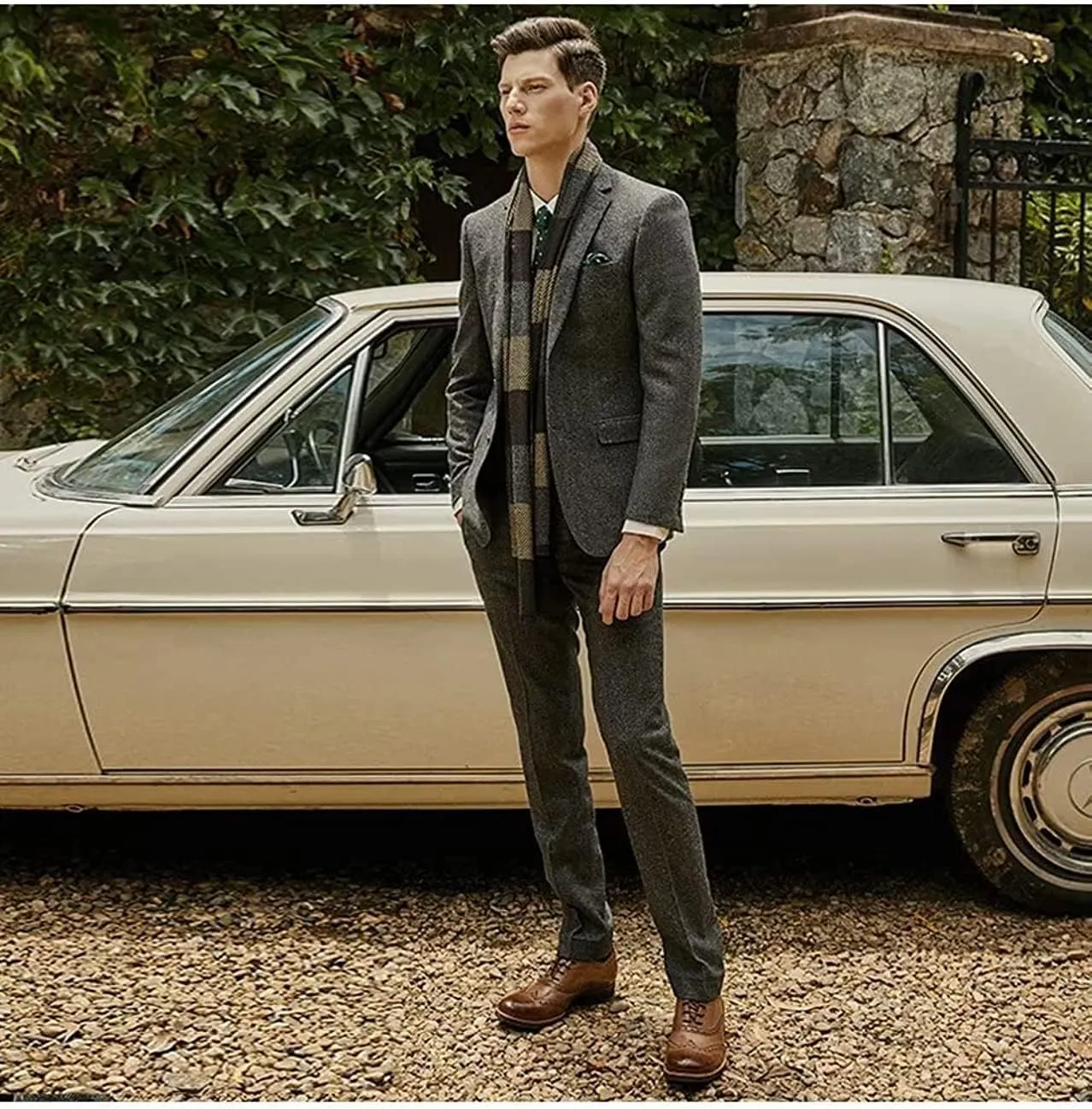 Tweed Suits for Men Slim Fit 3 Piece Suit Double Breasted Herringbone Wool Suits Wedding Prom Bussiness