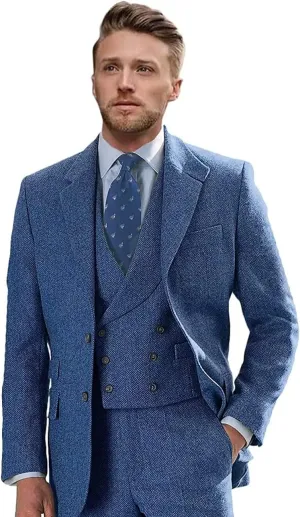 Tweed Suits for Men Slim Fit 3 Piece Suit Double Breasted Herringbone Wool Suits Wedding Prom Bussiness
