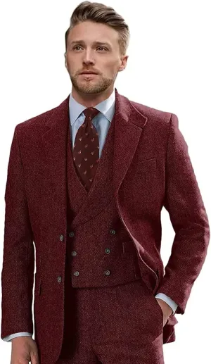 Tweed Suits for Men Slim Fit 3 Piece Suit Double Breasted Herringbone Wool Suits Wedding Prom Bussiness