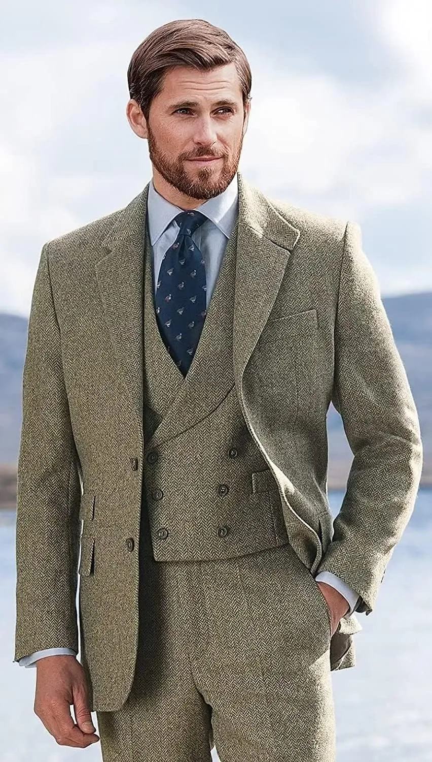 Tweed Suits for Men Slim Fit 3 Piece Suit Double Breasted Herringbone Wool Suits Wedding Prom Bussiness