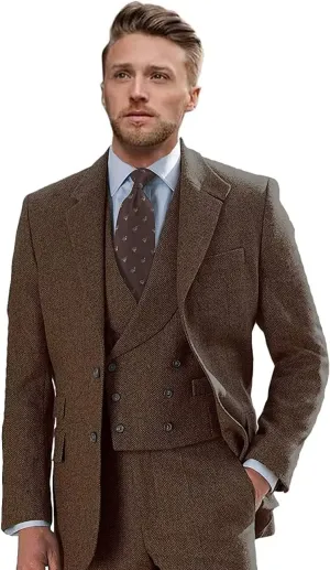 Tweed Suits for Men Slim Fit 3 Piece Suit Double Breasted Herringbone Wool Suits Wedding Prom Bussiness