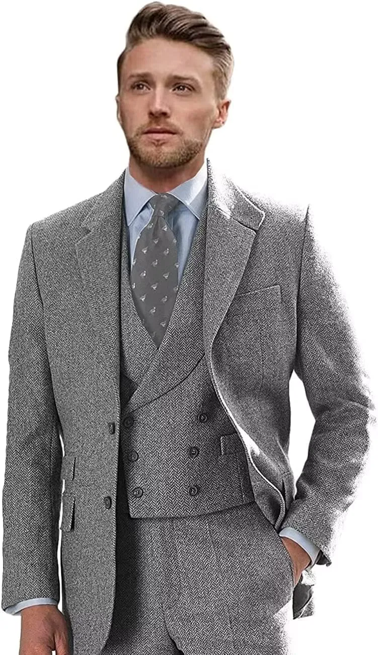 Tweed Suits for Men Slim Fit 3 Piece Suit Double Breasted Herringbone Wool Suits Wedding Prom Bussiness