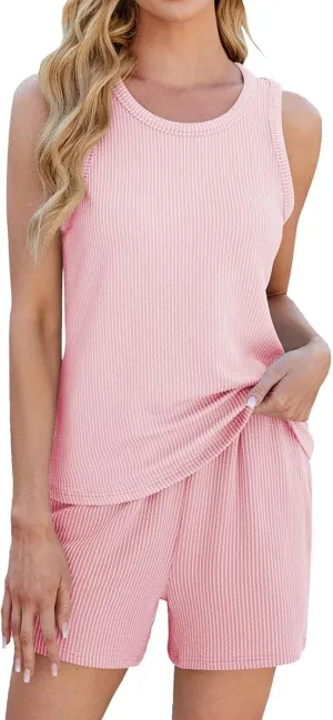 Two Piece Lounge Set for Women Sleeveless Pajamas Set Tank Top and Shorts Set Ribbed Knit Pjs Set Summer Sleepwear