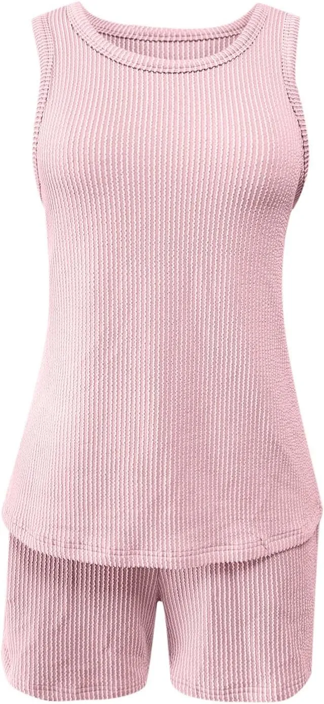 Two Piece Lounge Set for Women Sleeveless Pajamas Set Tank Top and Shorts Set Ribbed Knit Pjs Set Summer Sleepwear