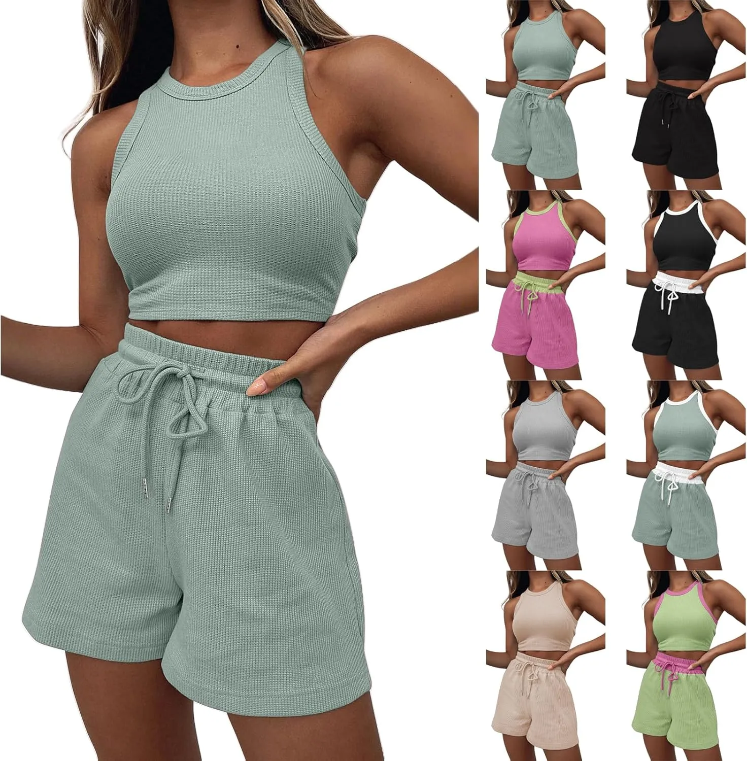 Two Piece Sets for Women Sleeveless Crop Top and Shorts Waffle Lounge Set Tracksuits Sweatsuits Beach Vacation Outfits