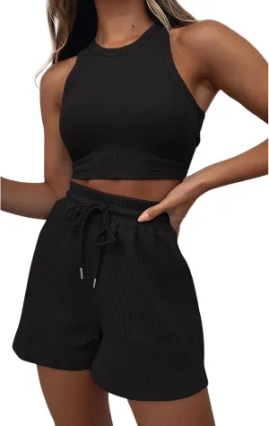 Two Piece Sets for Women Sleeveless Crop Top and Shorts Waffle Lounge Set Tracksuits Sweatsuits Beach Vacation Outfits