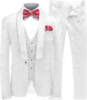 UNINUKOO Mens 3 Piece Suit Jacquard Floral Shawl Lapel Fancy Suits for Men Wedding Party Prom Tuxedo Suit Set