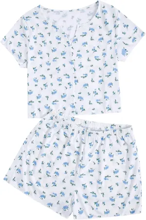 Verdusa Women's 2-Piece Button Down Short Sleeve Ditsy Floral Button Front Sleepwear Loungewear PJ Set