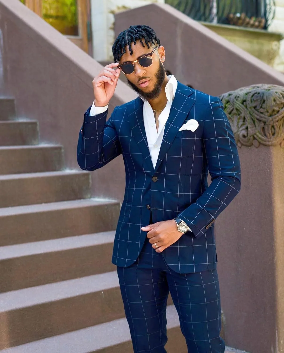 Wangyue Mens Plaid Suit Big and Tall 2 Piece Checked Suits Bussiness Wedding Suit Prom Tuxedos Suit Blazer Pant Set