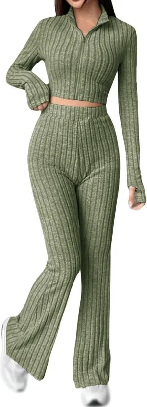 Wankang Womens Two Piece Outfits Casual Sweaters Knitted Sweatsuits Sets Zip Up V Neck Long Sleeve Tracksuit Lounge Suits
