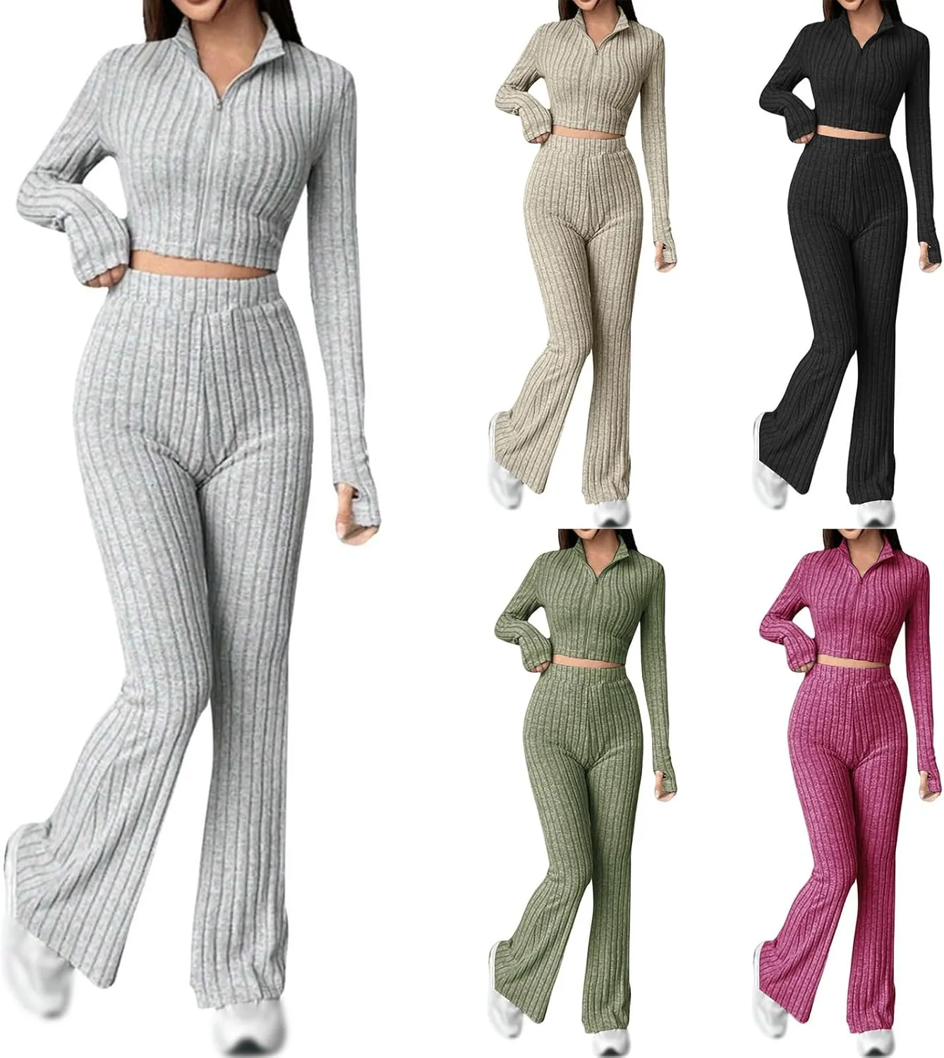 Wankang Womens Two Piece Outfits Casual Sweaters Knitted Sweatsuits Sets Zip Up V Neck Long Sleeve Tracksuit Lounge Suits