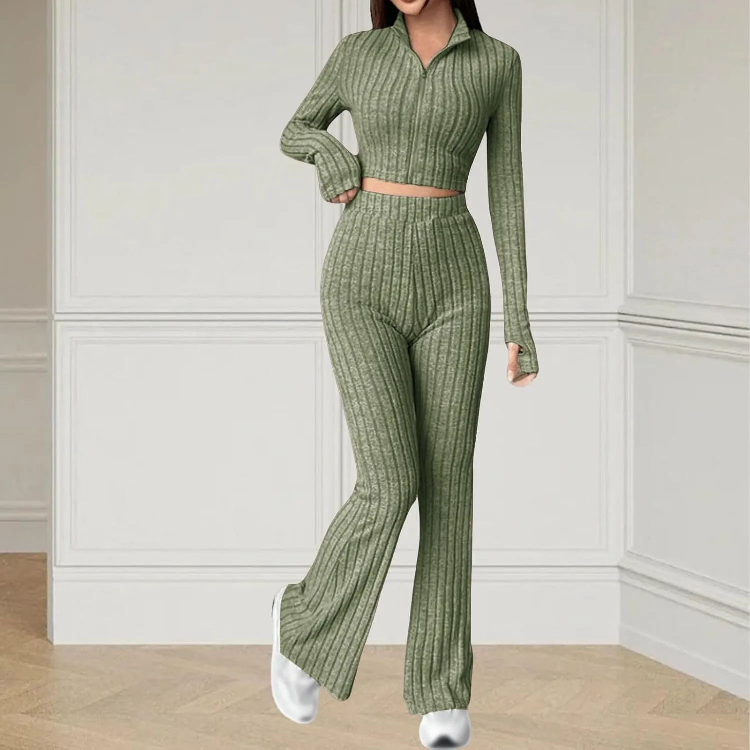 Wankang Womens Two Piece Outfits Casual Sweaters Knitted Sweatsuits Sets Zip Up V Neck Long Sleeve Tracksuit Lounge Suits