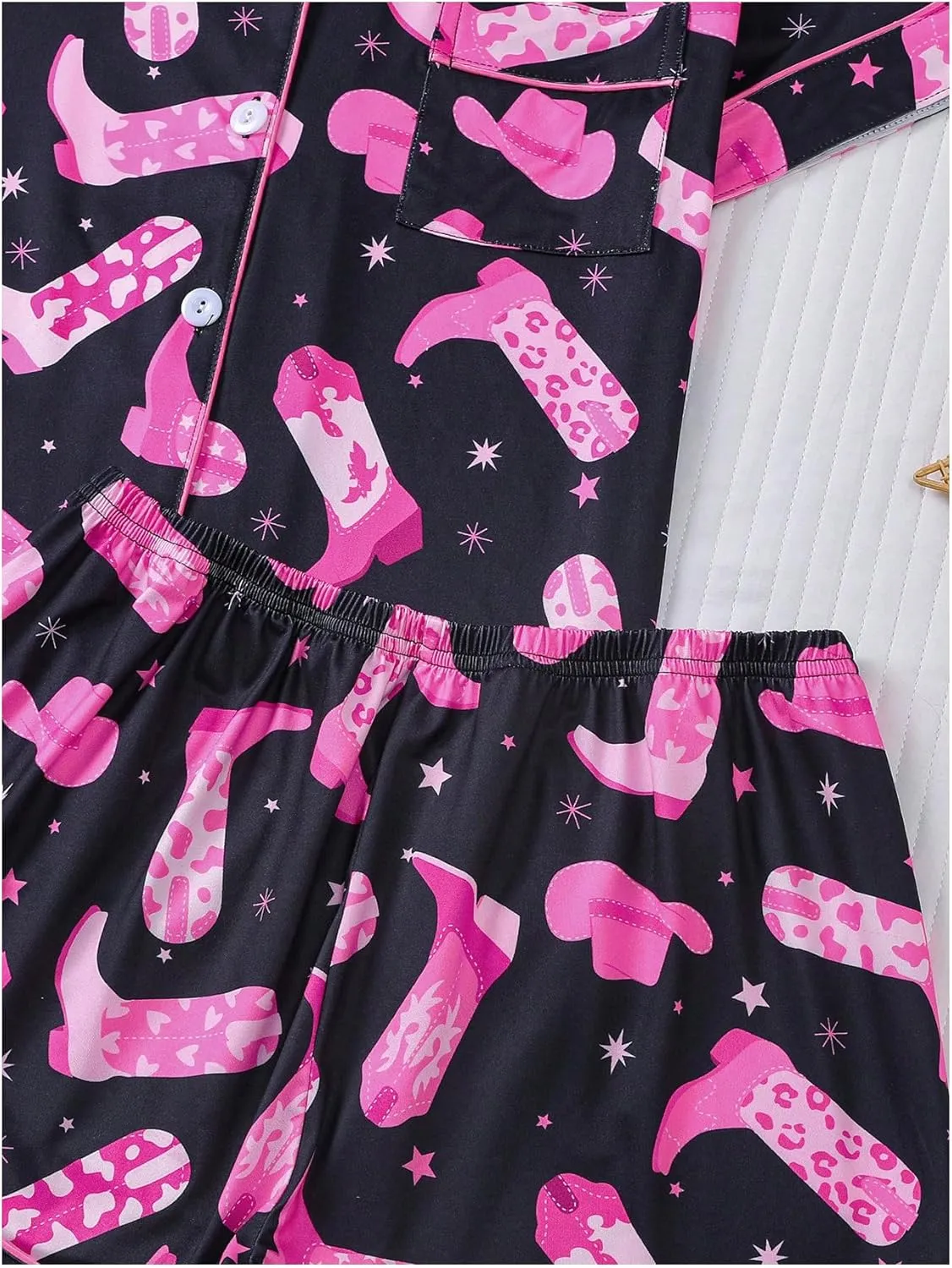 WDIRARA Women's 2 Piece Boots Graphic Pajama Set Pocket Patched Button Down Shirt with Shorts Satin Sleepwear