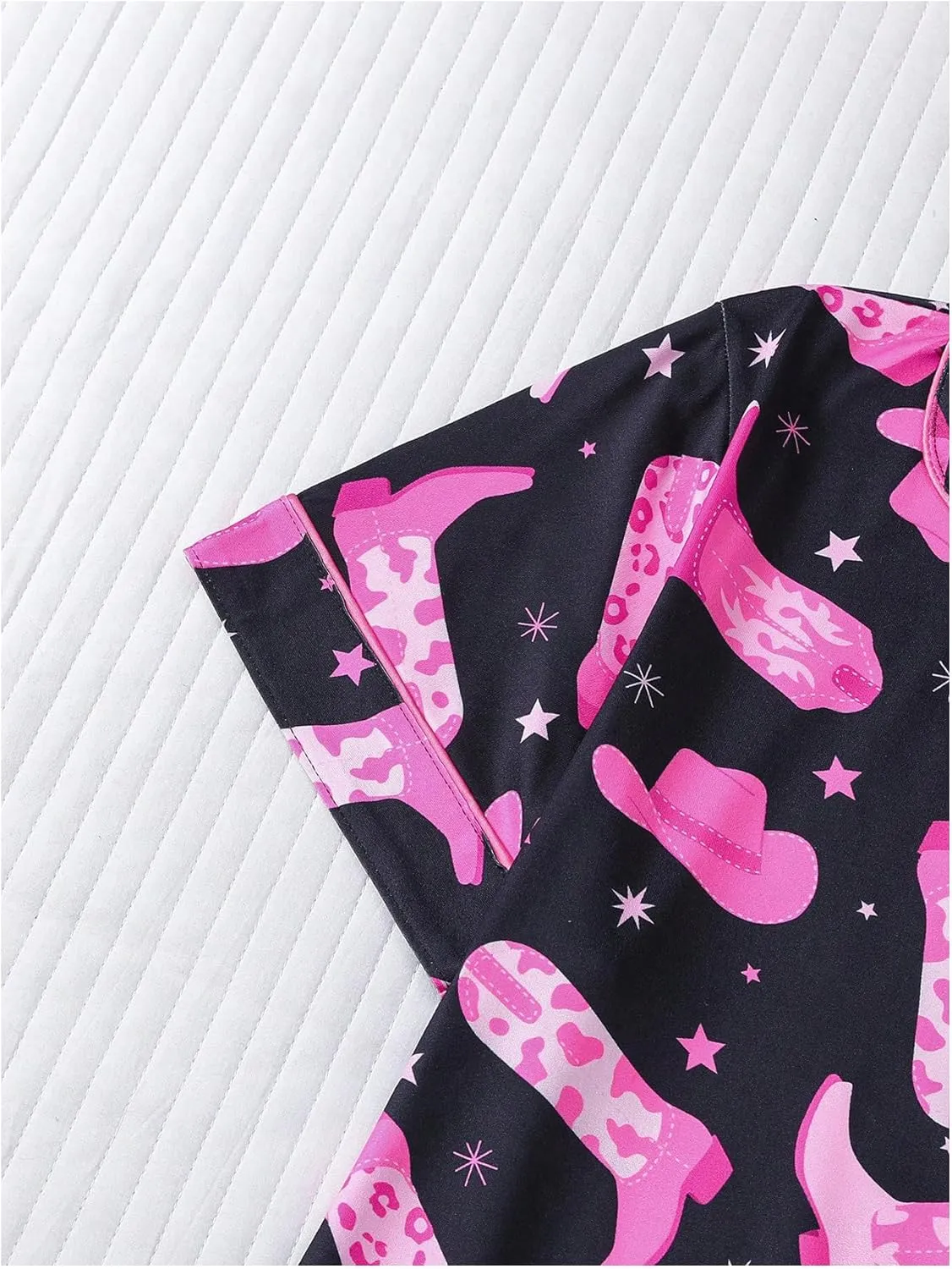 WDIRARA Women's 2 Piece Boots Graphic Pajama Set Pocket Patched Button Down Shirt with Shorts Satin Sleepwear