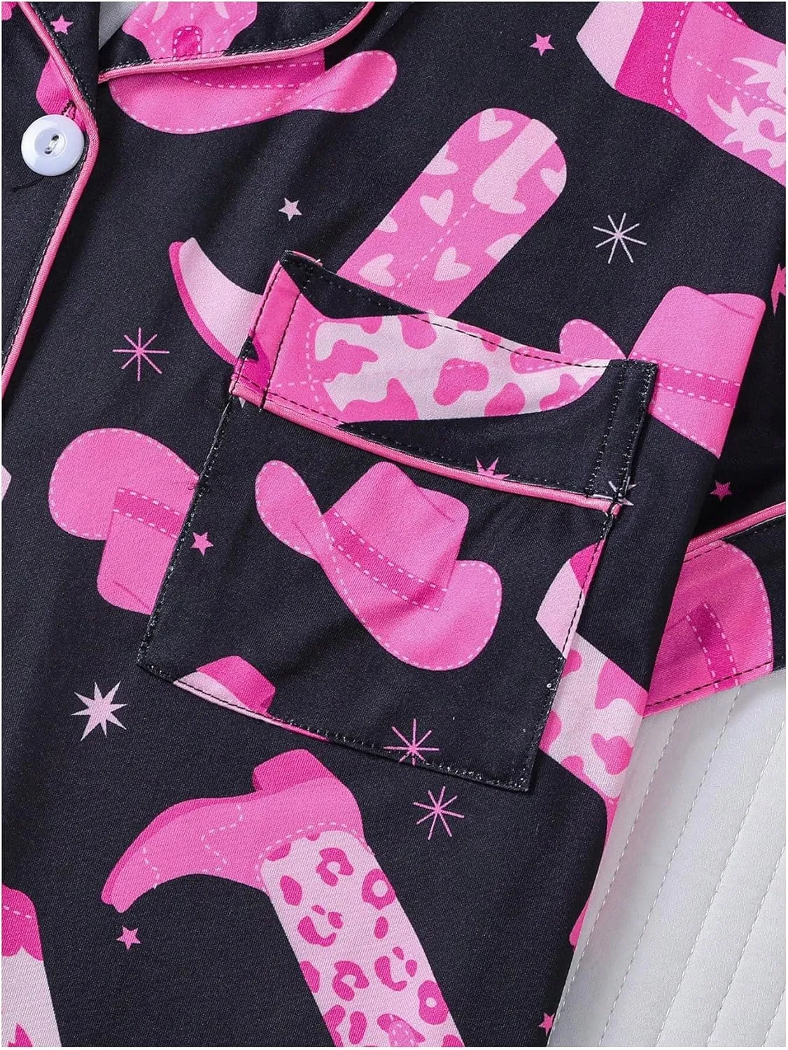 WDIRARA Women's 2 Piece Boots Graphic Pajama Set Pocket Patched Button Down Shirt with Shorts Satin Sleepwear