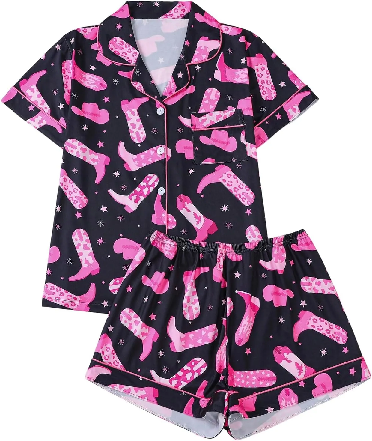 WDIRARA Women's 2 Piece Boots Graphic Pajama Set Pocket Patched Button Down Shirt with Shorts Satin Sleepwear