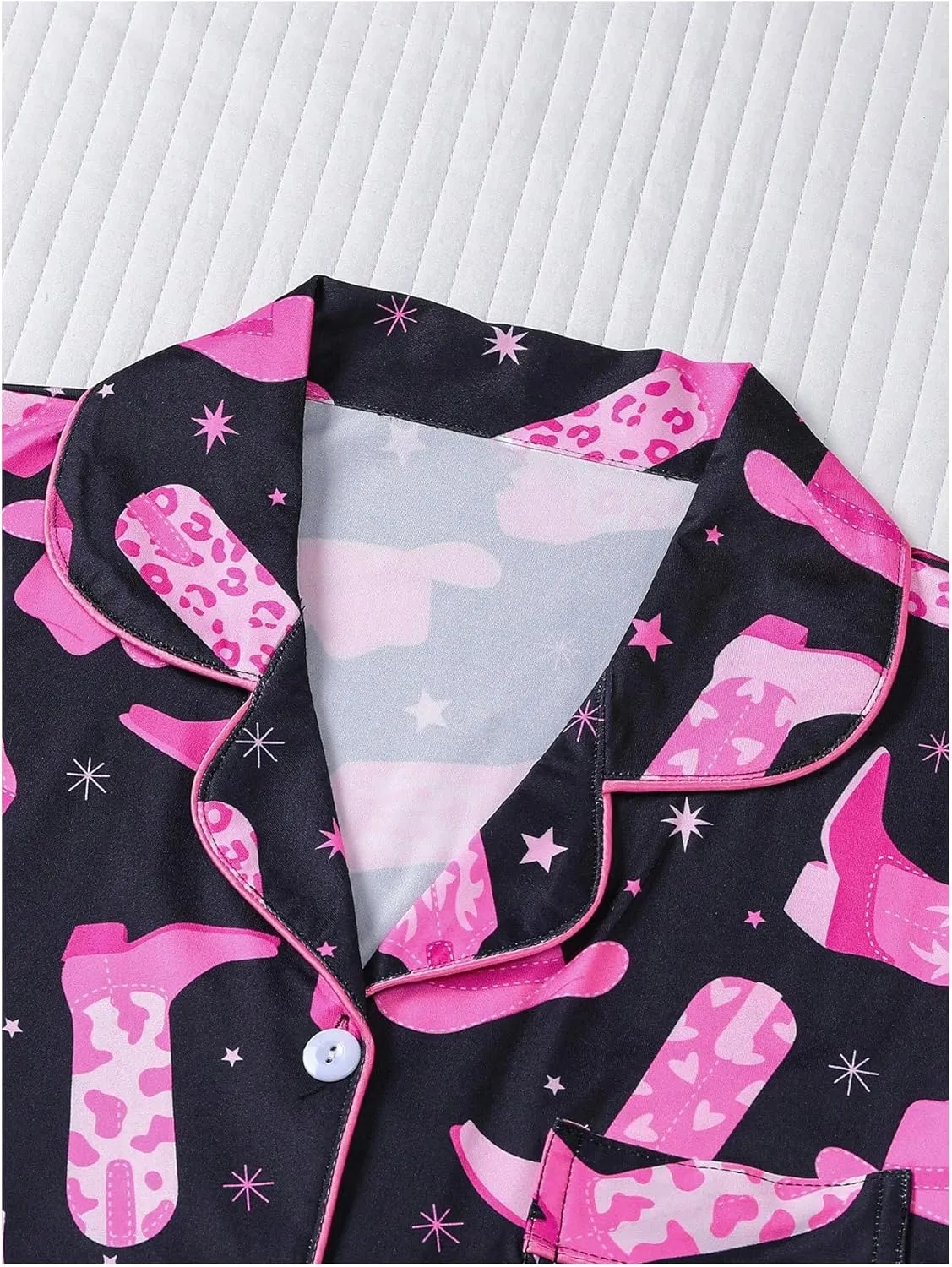 WDIRARA Women's 2 Piece Boots Graphic Pajama Set Pocket Patched Button Down Shirt with Shorts Satin Sleepwear