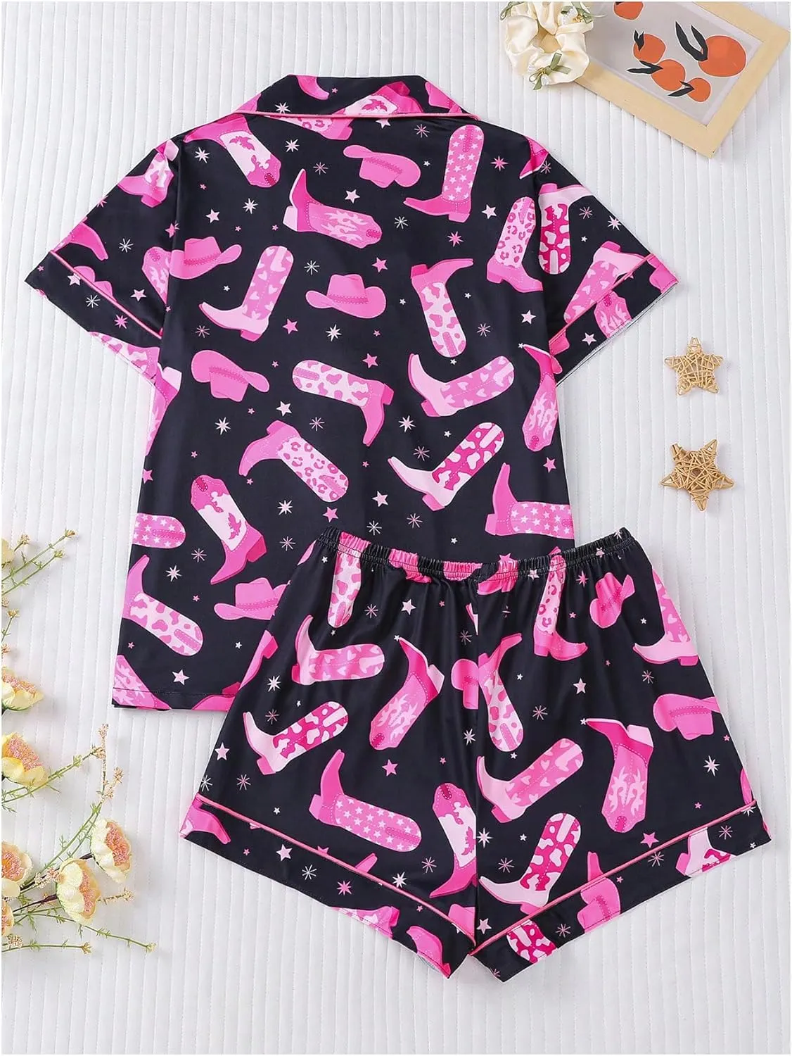WDIRARA Women's 2 Piece Boots Graphic Pajama Set Pocket Patched Button Down Shirt with Shorts Satin Sleepwear