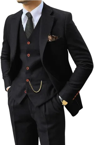 Wemaliyzd Vintage Men's Suit 3 Piece Plaid Tweed Herringbone Suits for Wedding Business Blazer Vest Pants